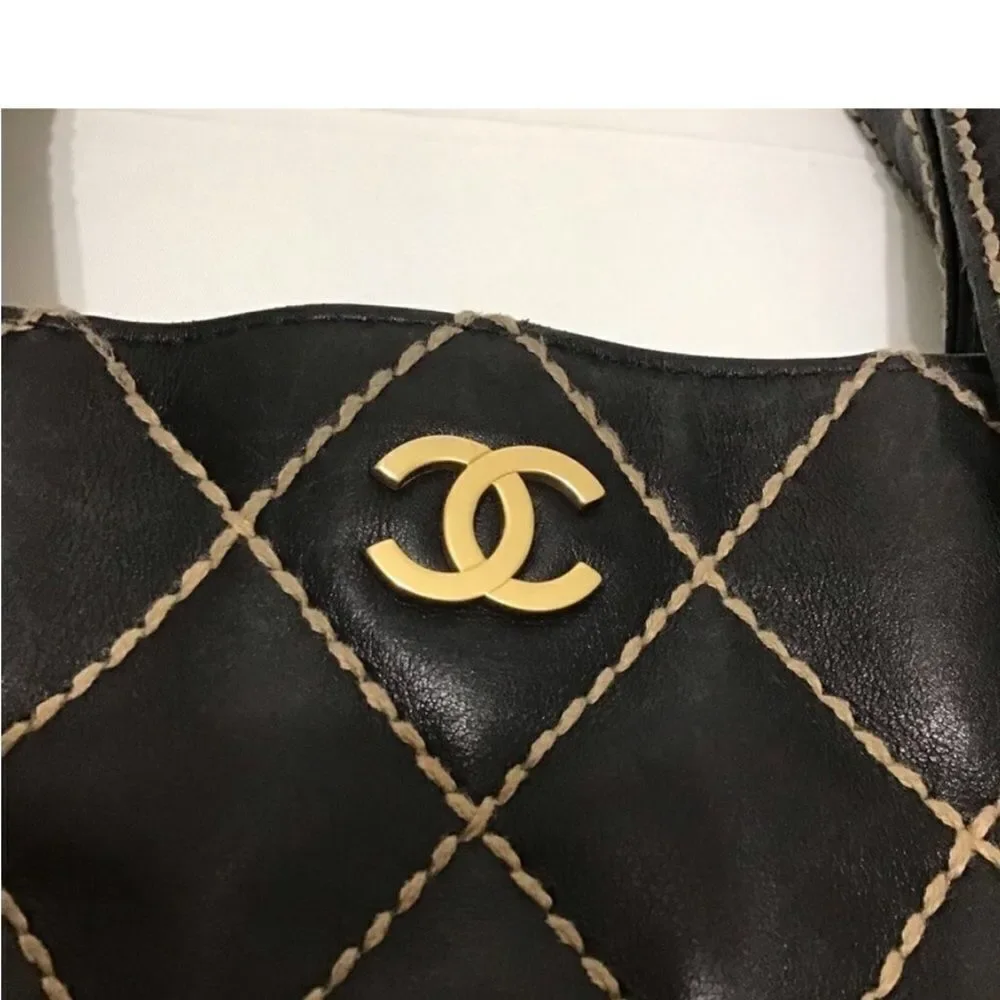 CHANEL Black Leather Quilted Wild Stitch Tote/Shoulder Bag Vintage